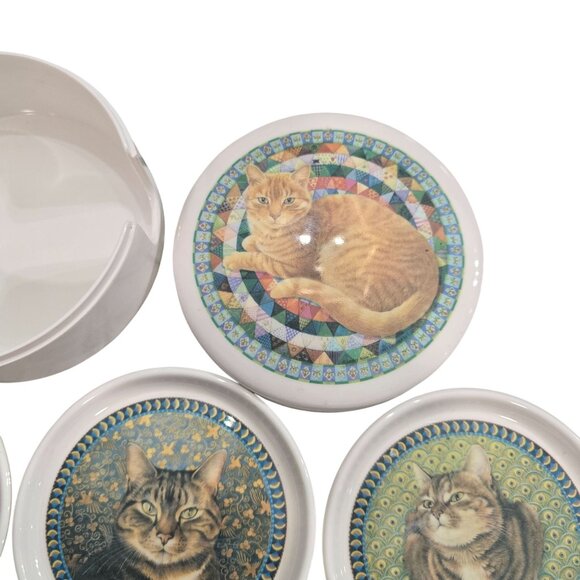 Set Of 6 Ceramic Cat-Themed Coasters With Holder - Vibrant Artwork cloverleaf - Picture 4 of 6